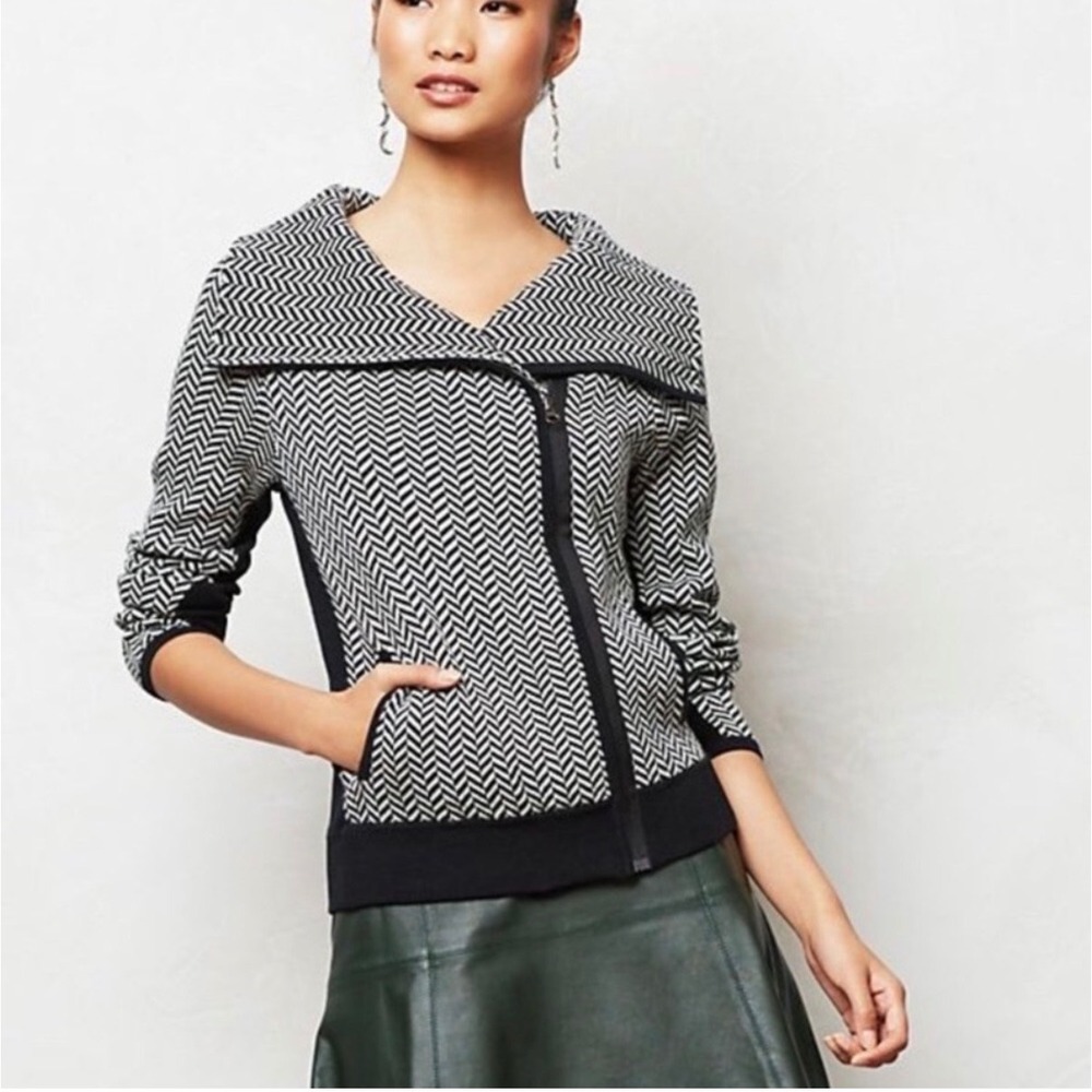 Sparrow Anthropologie Moto Sweater Women Small Black White Houndstooth Academia